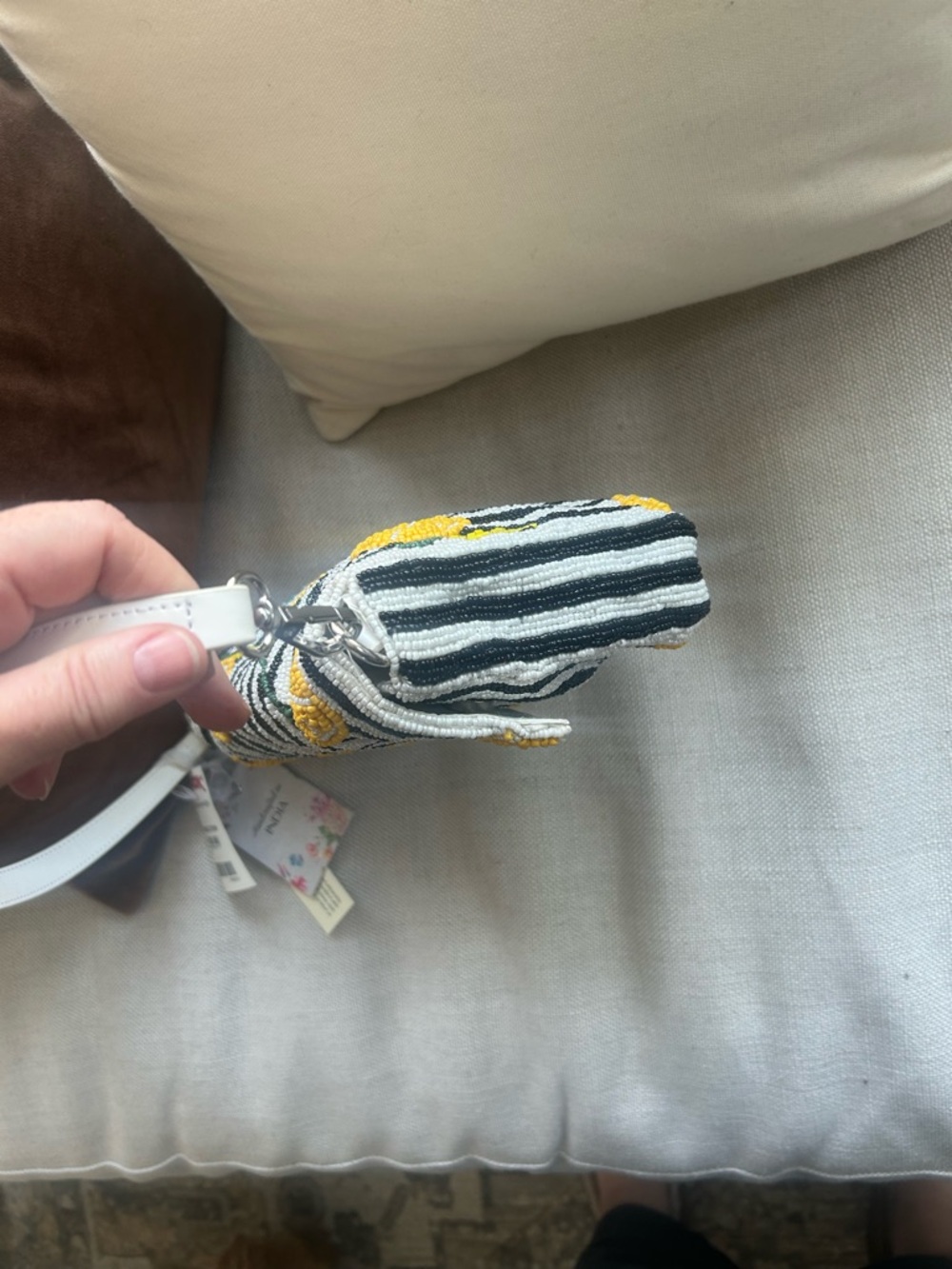 Viral Beaded Lemon Stripe Shoulder Bag - White/Black/Yellow - Picture 7 of 8